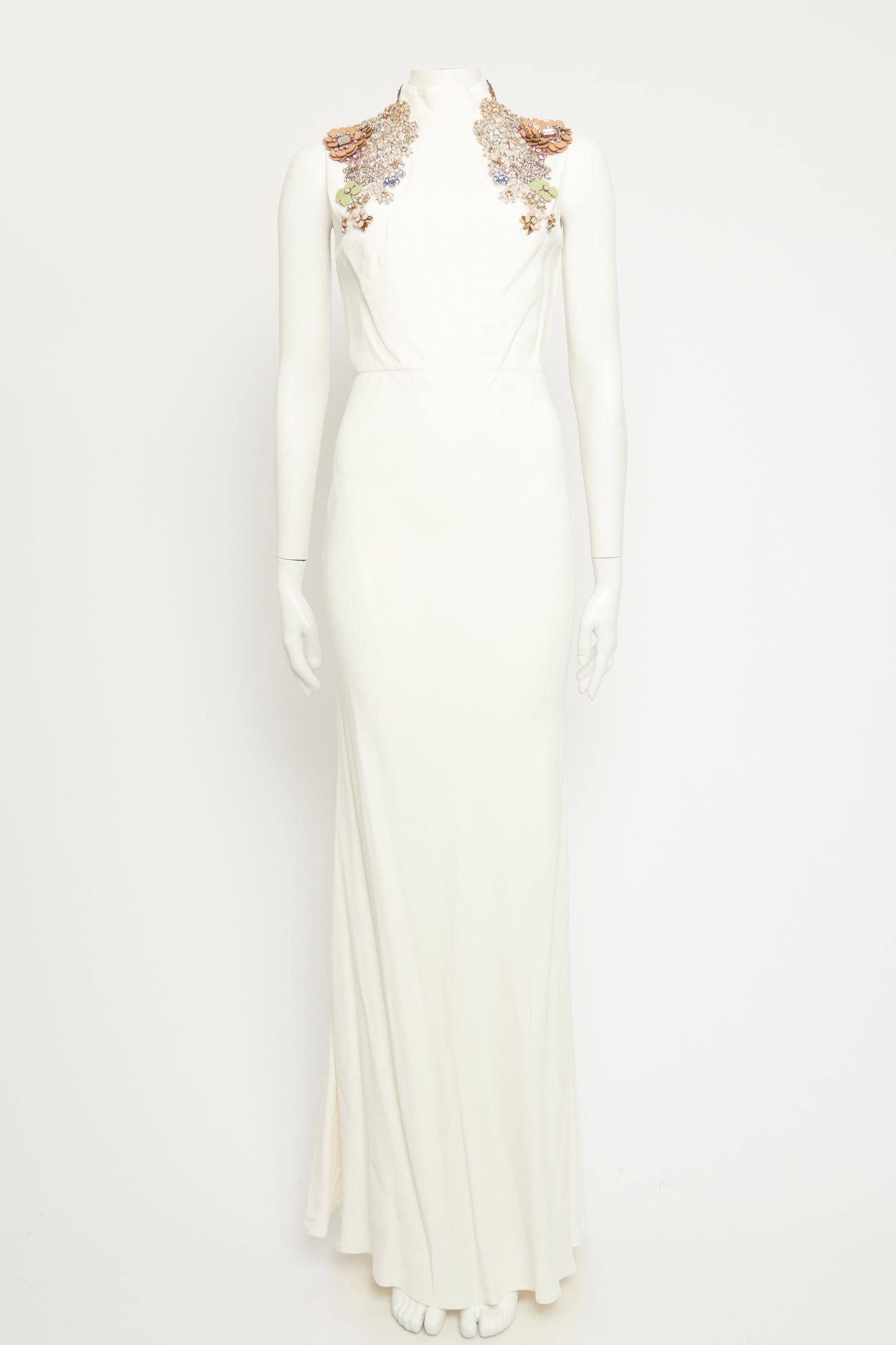 2015 White Crepe Preowned Embellished Maxi Gown