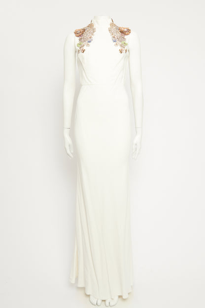 2015 White Crepe Preowned Embellished Maxi Gown