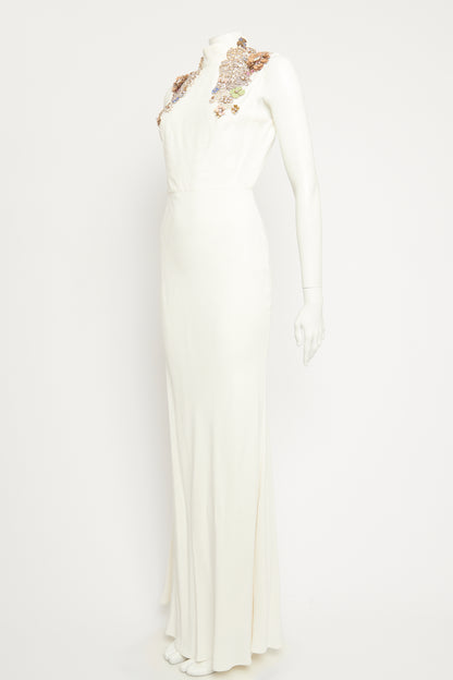 2015 White Crepe Preowned Embellished Maxi Gown