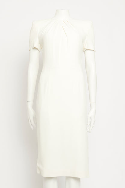 2019 White Crepe Preowned Fitted Midi Length Dress