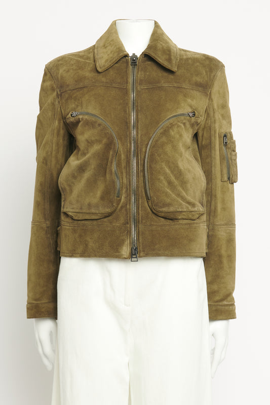 Clover Green Suede Preowned Zip-Up Leather Jacket