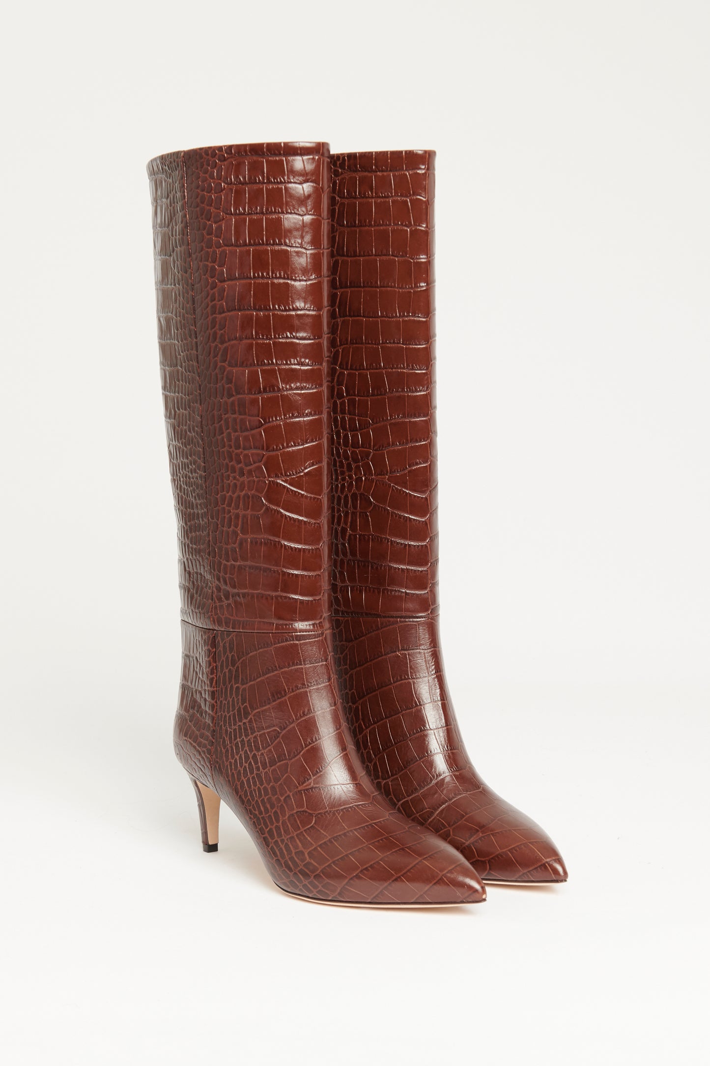 Brown Croc Embossed Leather Preowned Calf Boots