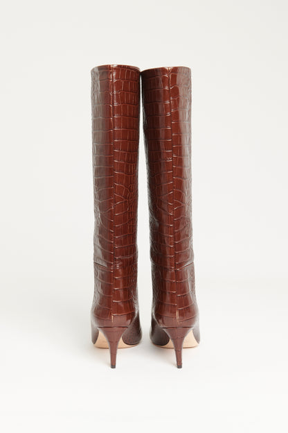 Brown Croc Embossed Leather Preowned Calf Boots