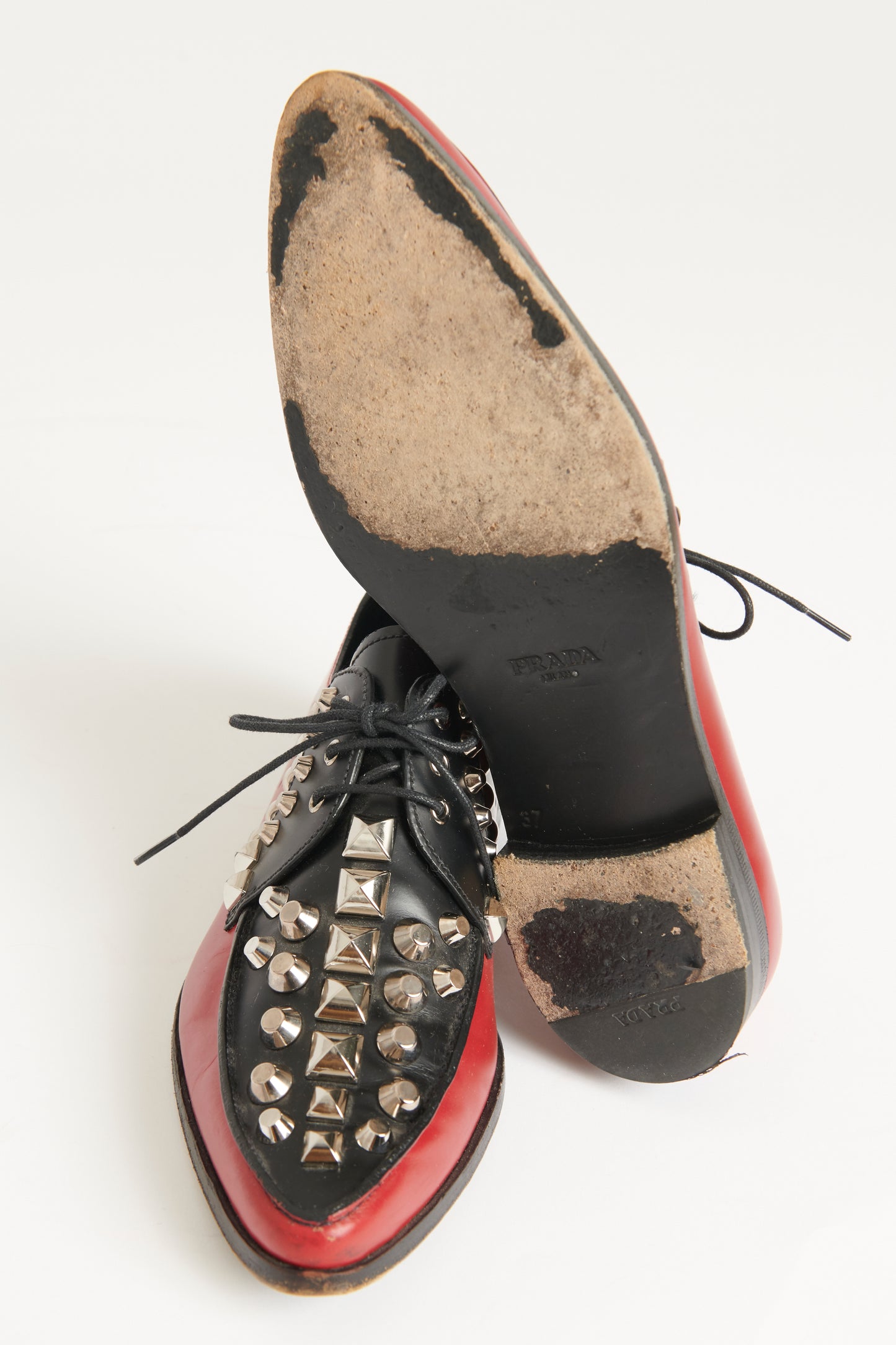 Red and Black Studded Preowned Derby Shoes