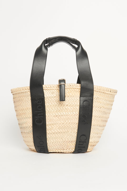 Raffia and Black Calfskin Medium Preowned Sense Basket Tote