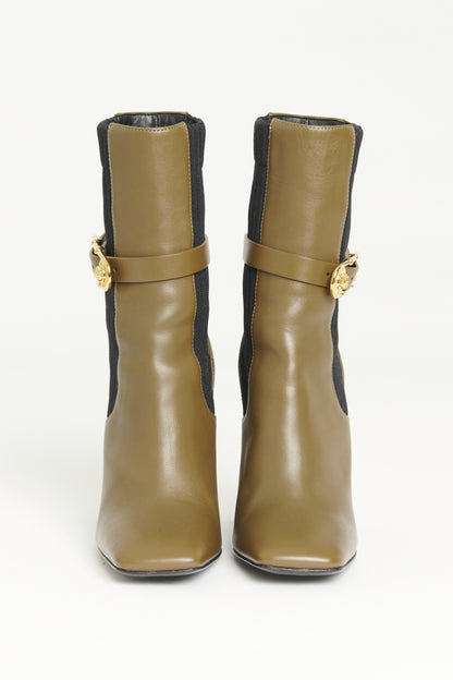 Khaki Leather Square Toe Preowned Boots