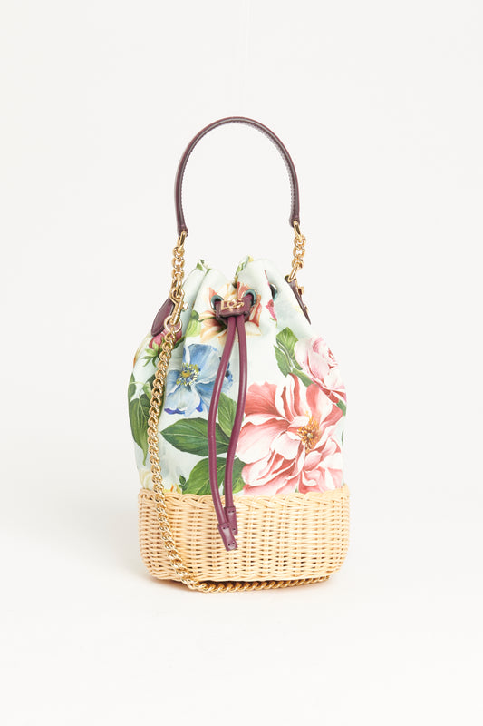 Light Green Canvas and Wicker Preowned Floral DG Millennials Bucket Bag