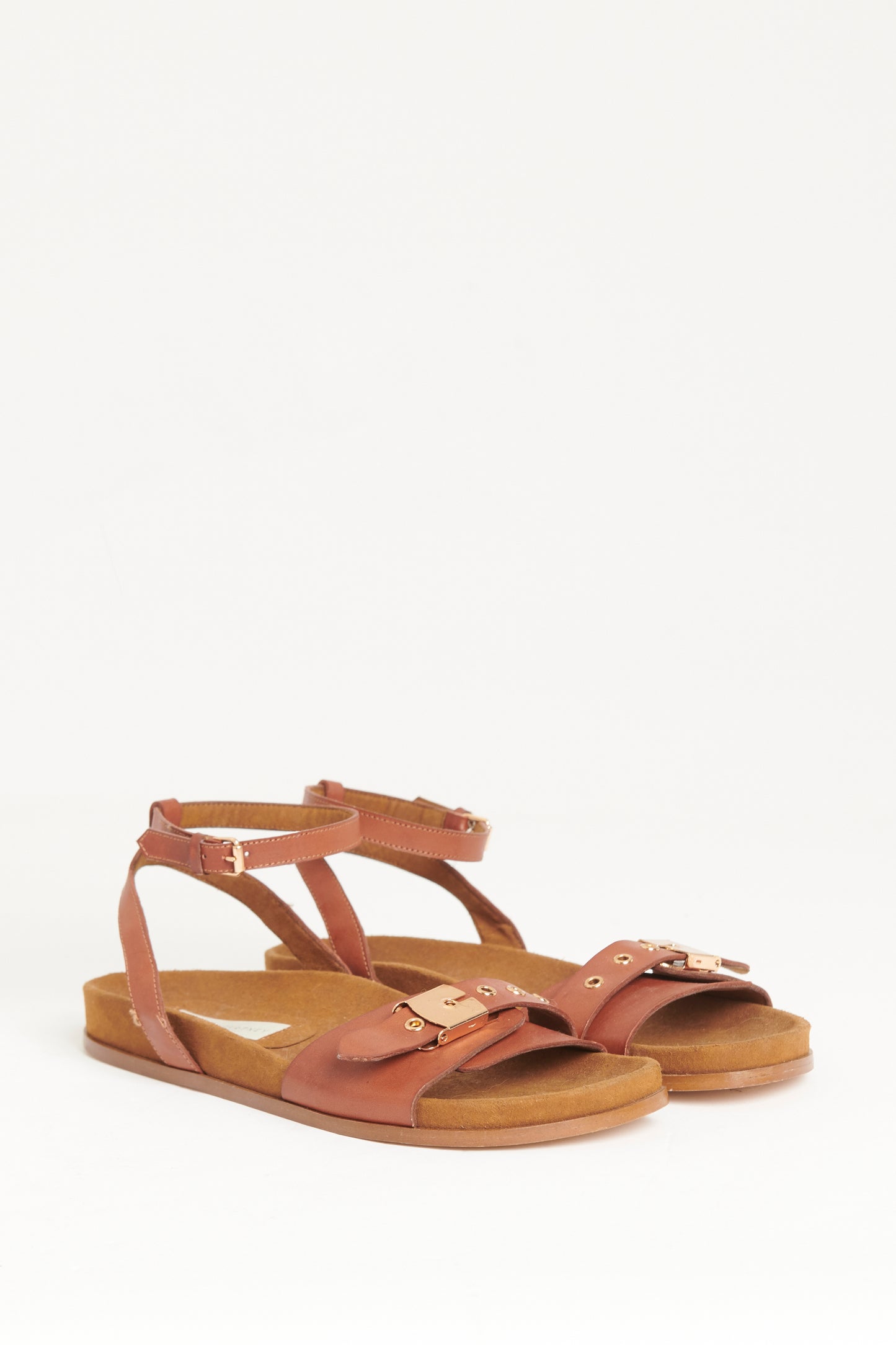 Brown Faux Leather Preowned Linda Flats Sandals