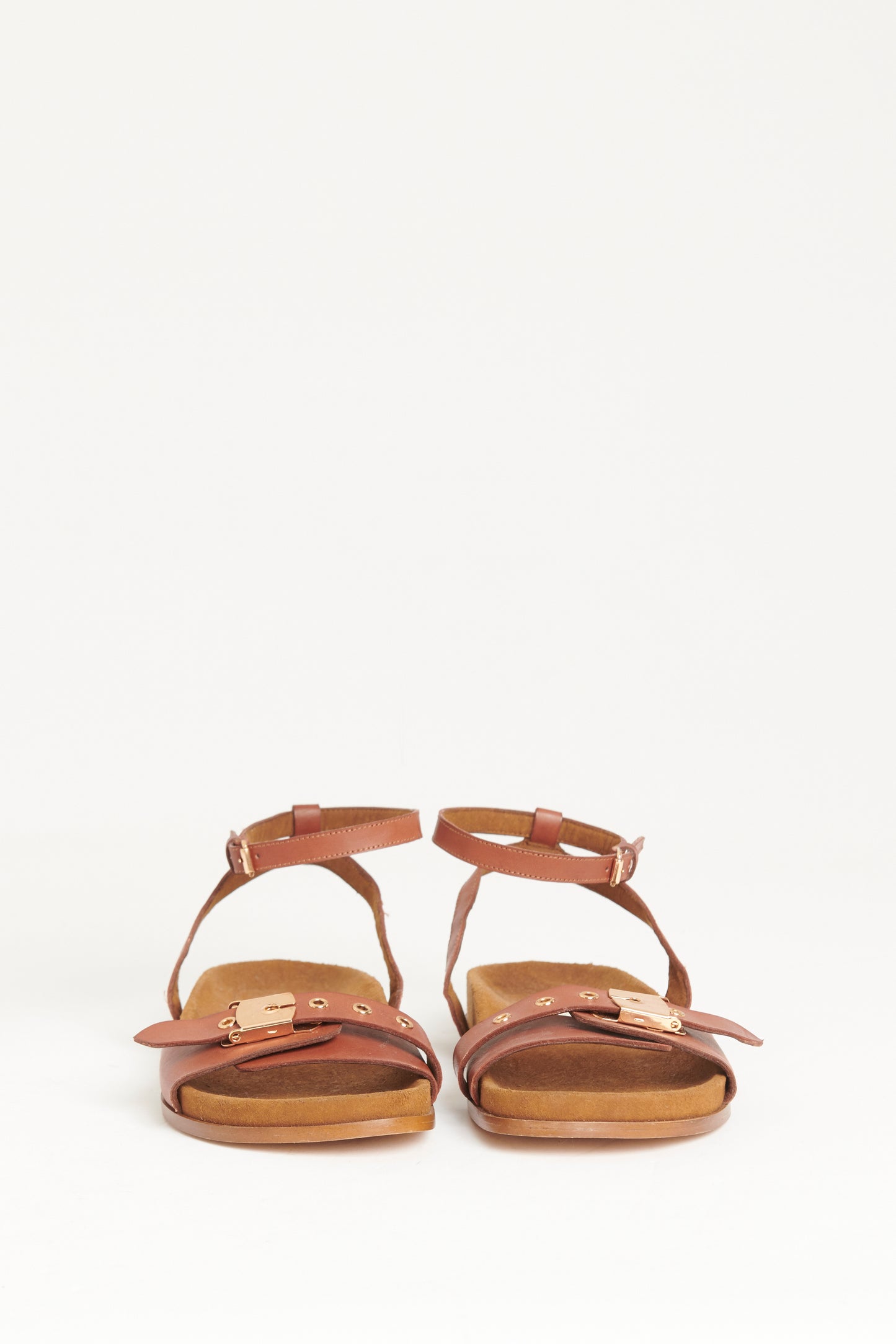 Brown Faux Leather Preowned Linda Flats Sandals