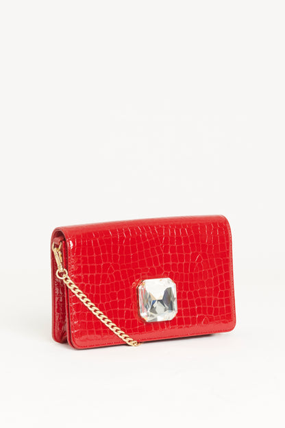 Red Croc Embossed Patent Leather Preowned Crystal Buckle Crossbody Bag