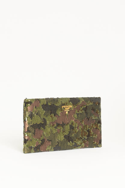 Green Sequin Preowned Embroidered Camouflage Pochette Clutch Bag