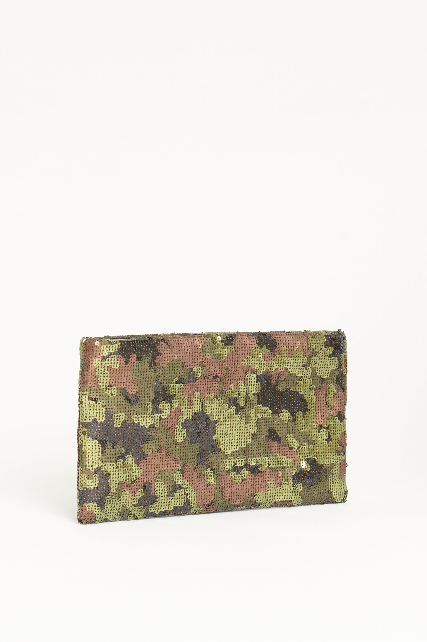 Green Sequin Preowned Embroidered Camouflage Pochette Clutch Bag