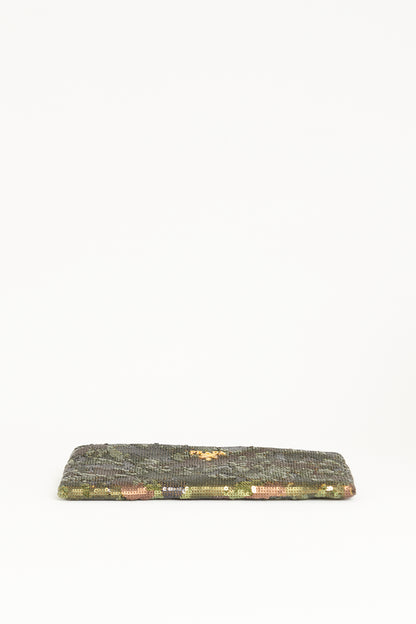 Green Sequin Preowned Embroidered Camouflage Pochette Clutch Bag