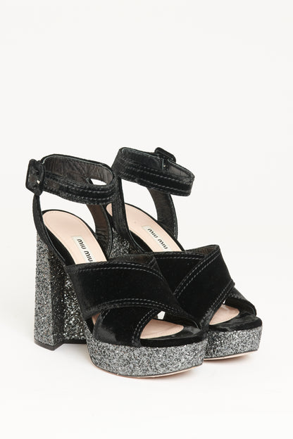Black Velvet & Glitter Preowned Platformed Sandals