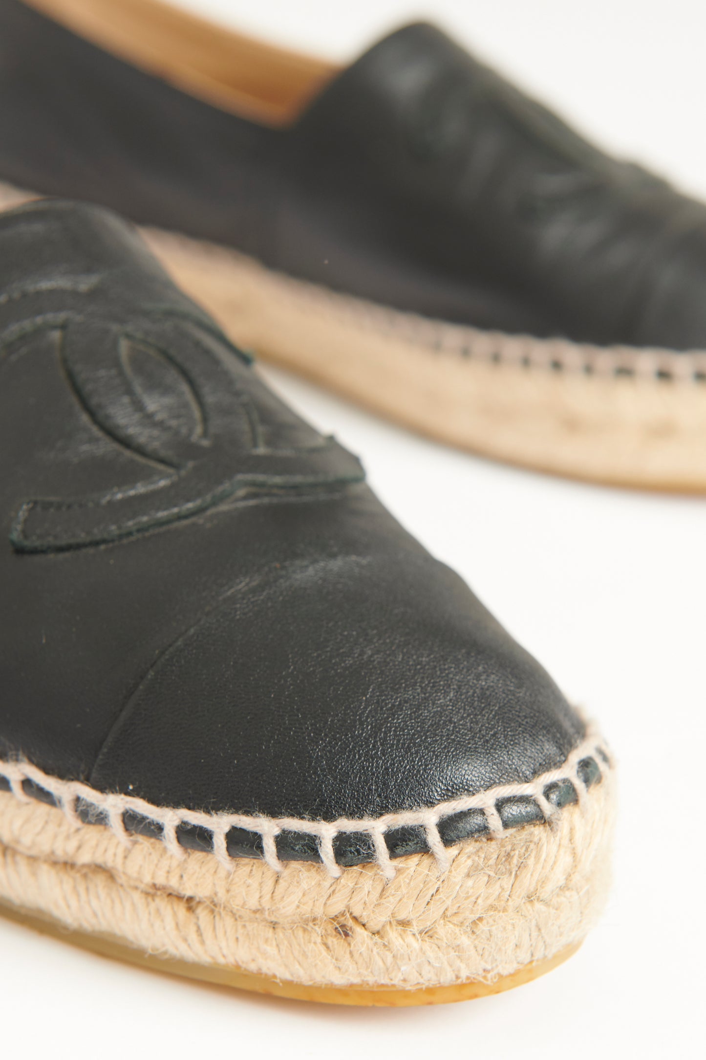 Black Leather Preowned CC Embroidered Espadrilles
