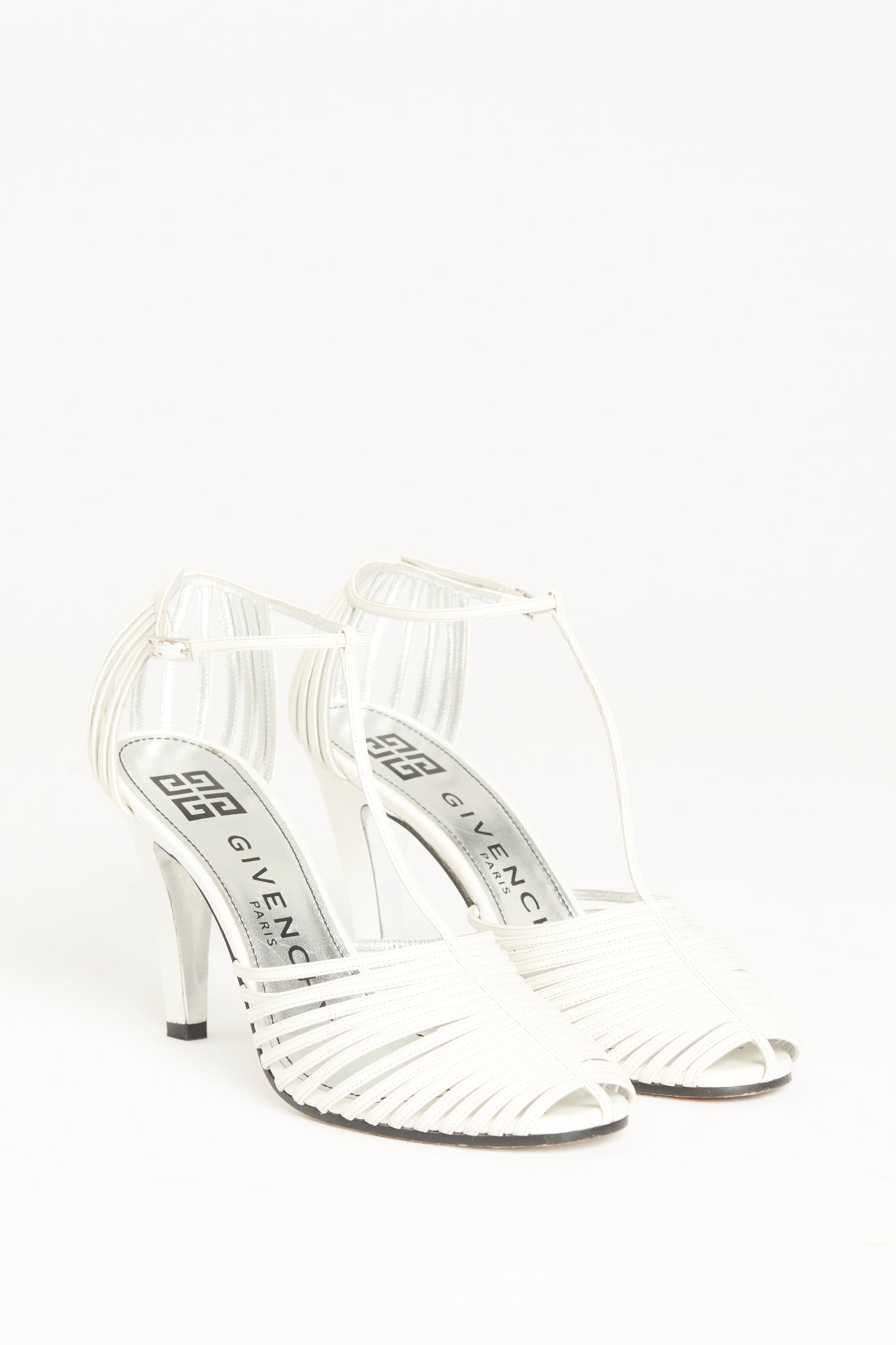 White Leather Preowned Caged T-Bar Pumps