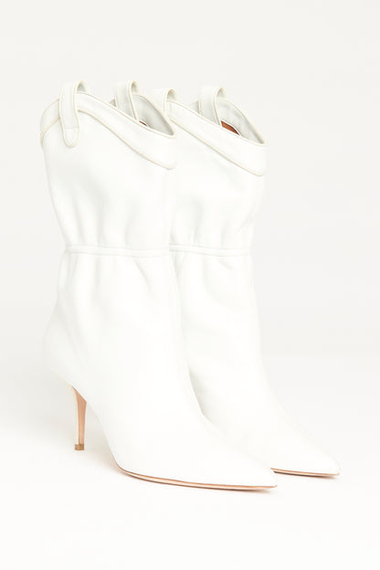 White Leather Preowned Western Ankle Boots