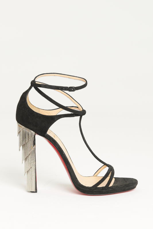 Black Suede Preowned T-Bar Metallic Fringed Sandals