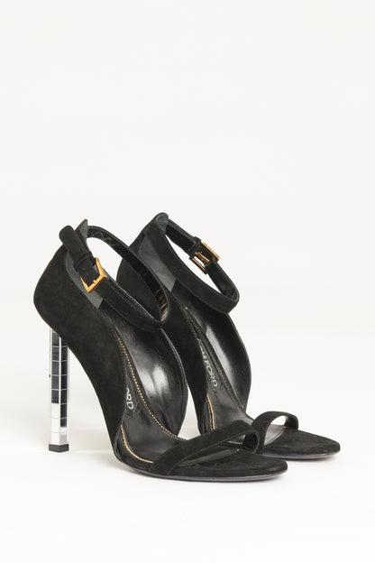 2014 Black Suede Preowned Mirrored Heel Sandals