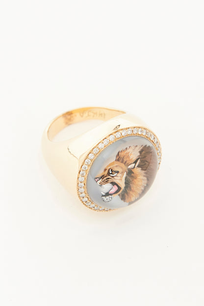 14K Yellow Gold Preowned Diamond And Mother Of Pearl Lion Signet Ring