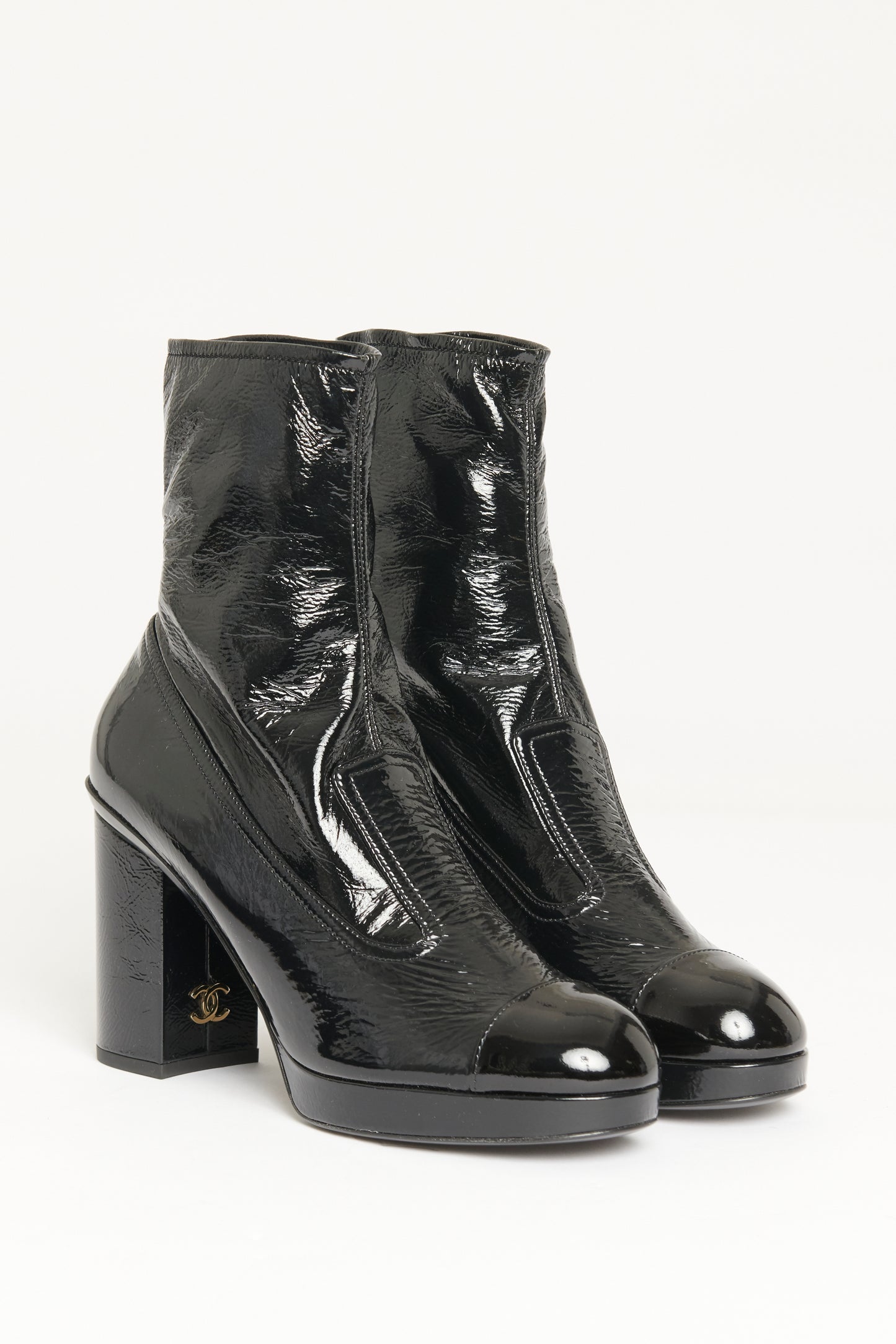 2023 Black Patent Preowned Platformed Ankle Boots