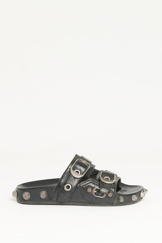 Black Leather Preowned Cagole Studded Sandals