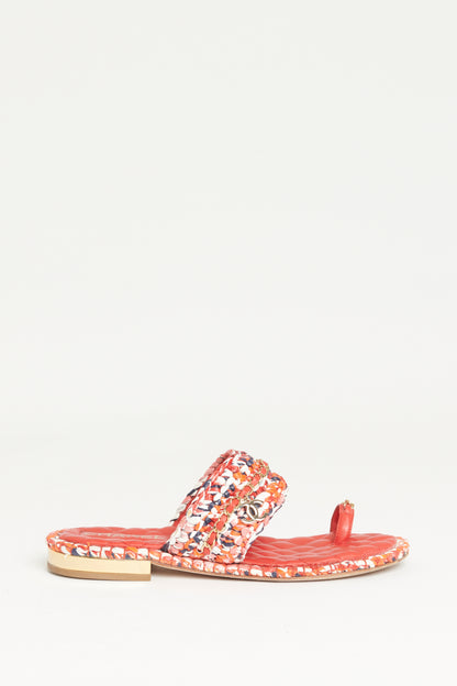 Red Woven Leather & Raffia Preowned Slip-On Flat Sandals