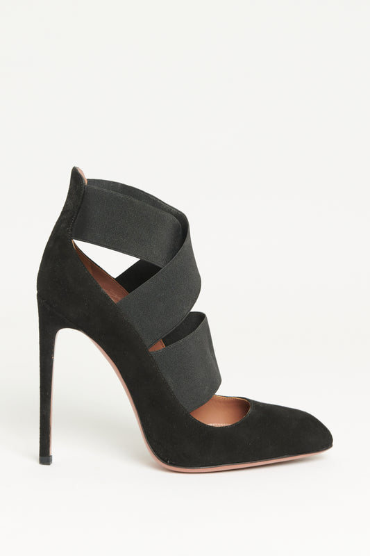 Black Suede Preowned Elasticated Crossover Pumps