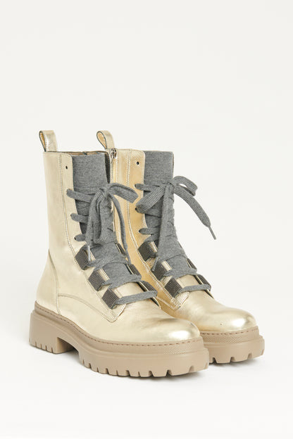Gold Platino Leather Preowned Lace Up Chunky Boots