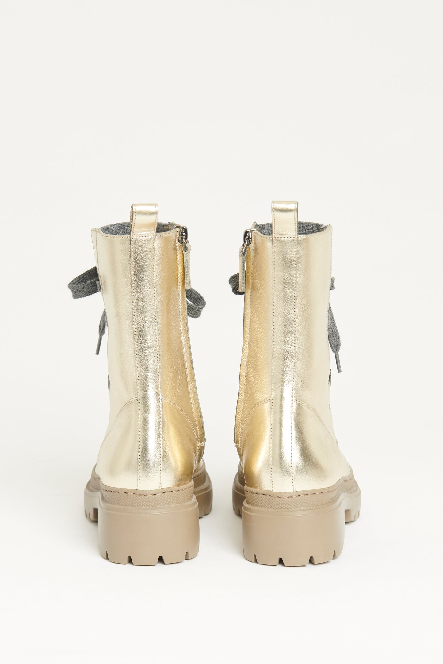 Gold Platino Leather Preowned Lace Up Chunky Boots