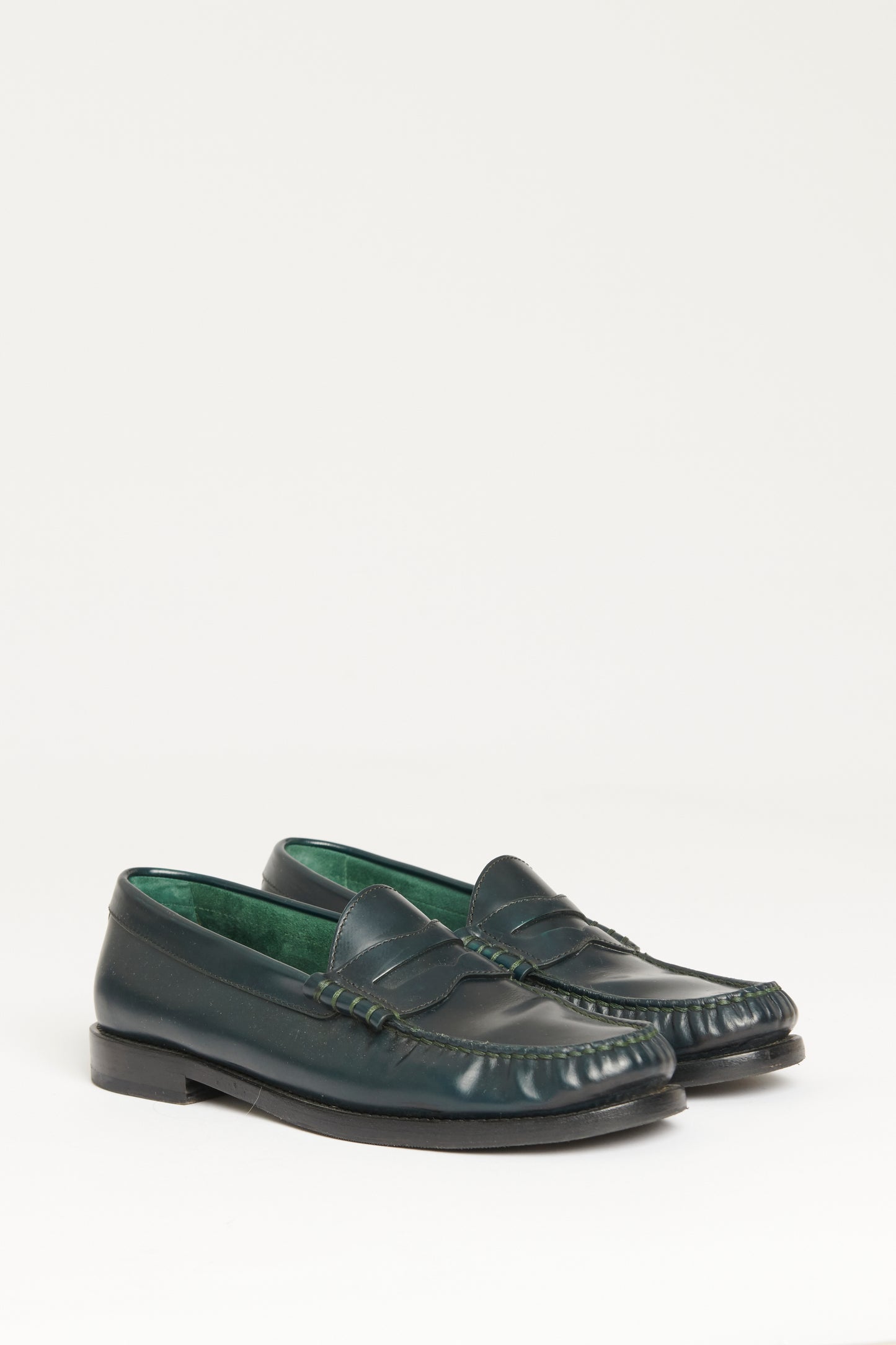 Bottle Green Polished Calfskin Preowned Luco Penny Loafers