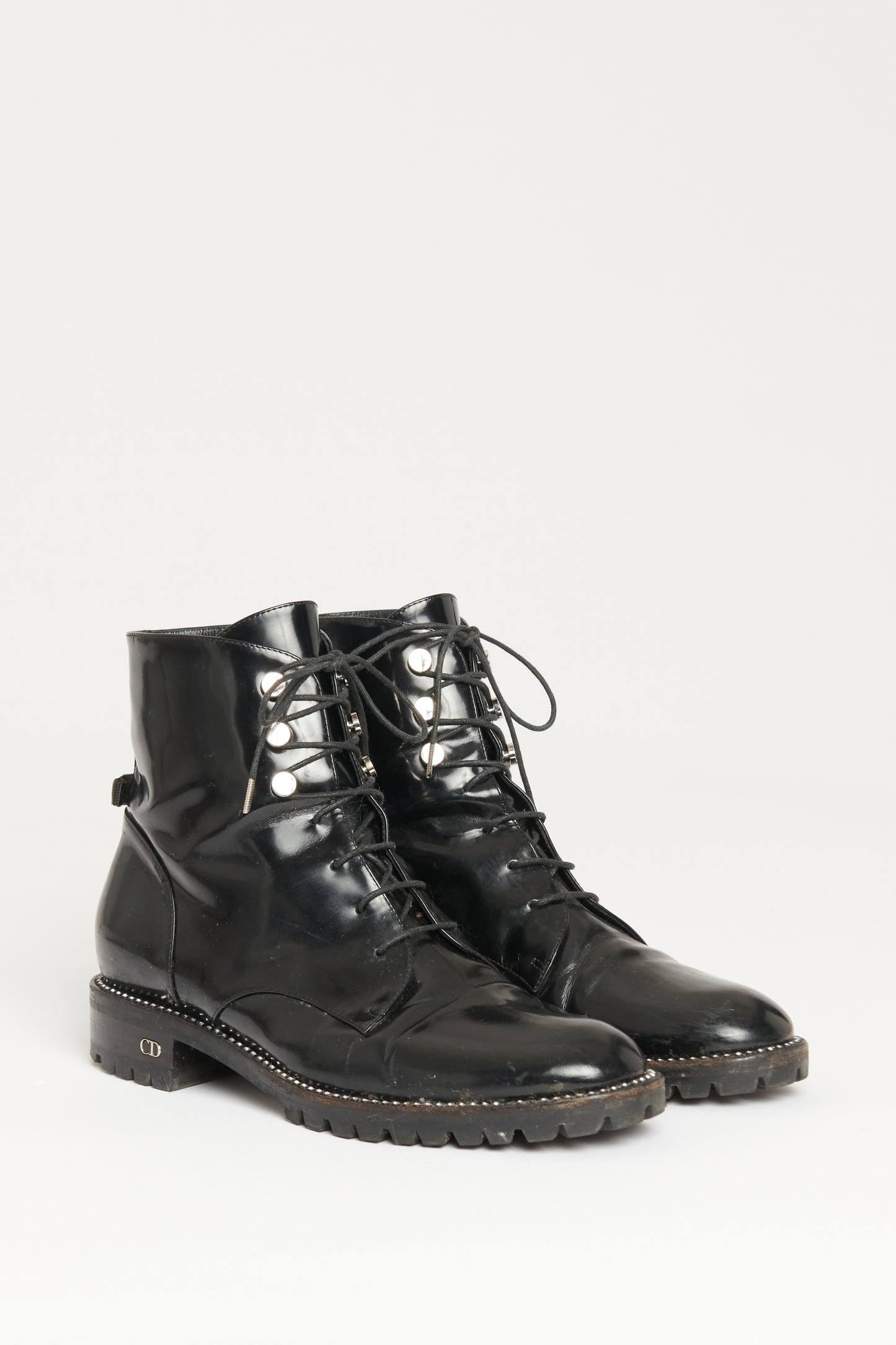 2017 Black Glazed Calfskin Preowned Lace Up Crystal Trimmed Boots