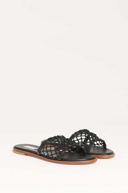 Black Leather Preowned Woven Neo Flats