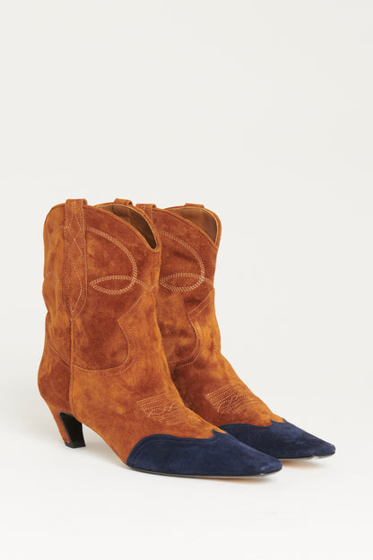 Caramel and Navy Suede Preowned Dallas Ankle Boots