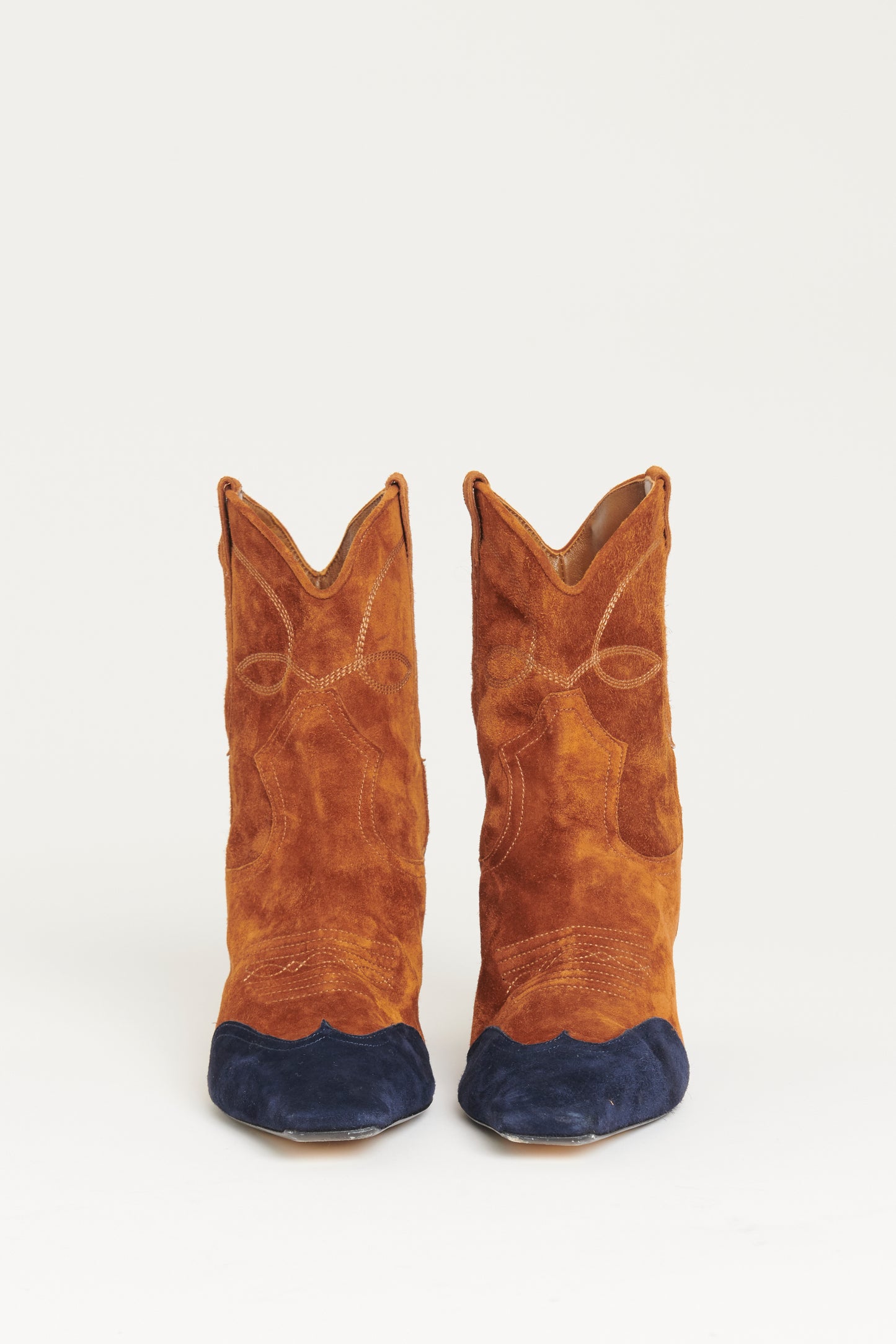 Caramel and Navy Suede Preowned Dallas Ankle Boots