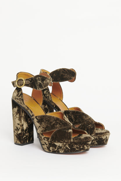 Brown Crushed Velvet Preowned Graphic Leaves Platformed Sandals