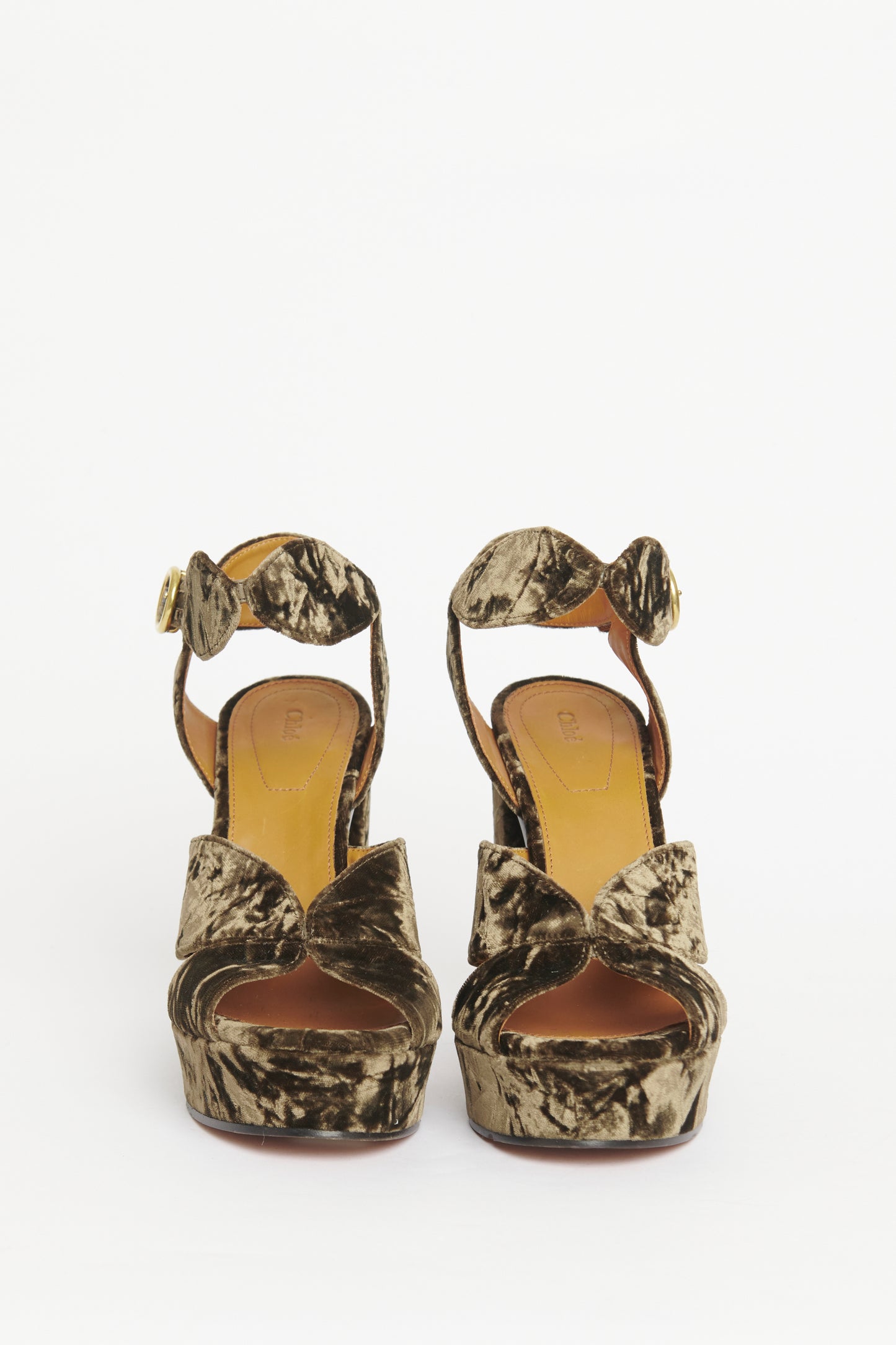 Brown Crushed Velvet Preowned Graphic Leaves Platformed Sandals