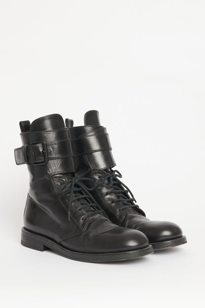 Black Leather Preowned Flat Lace Up Boots
