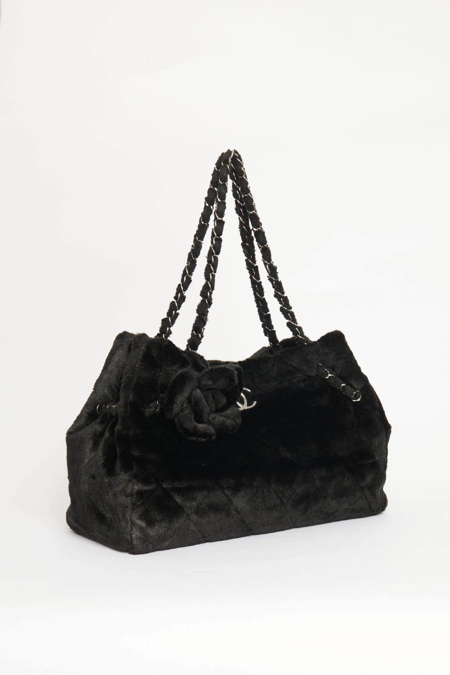 2009 Black Fantasy Faux Fur Preowned Camellia Quilted Tote Bag