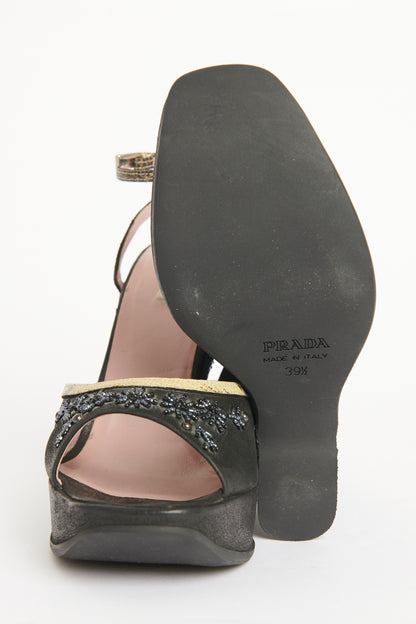 2004 Black Leather & Lizard Preowned Wedge Sandals