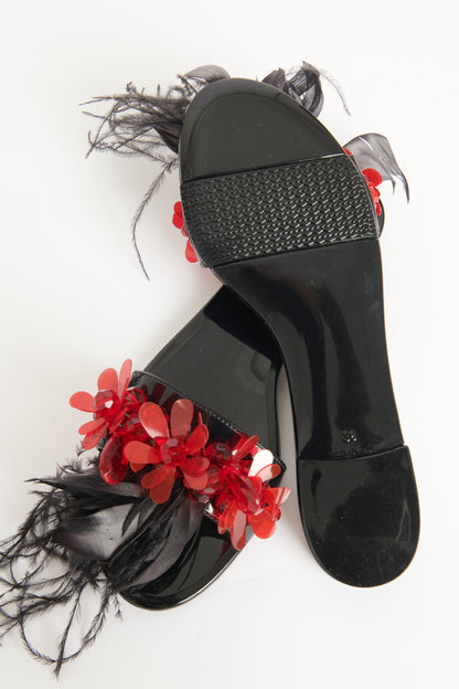 Black Rubber Preowned Embellished Flat Mules