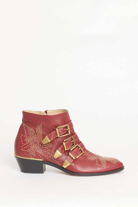 Burgundy Leather Preowned Susanna Studded Ankle Boots