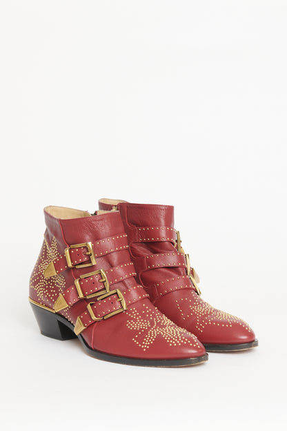 Burgundy Leather Preowned Susanna Studded Ankle Boots