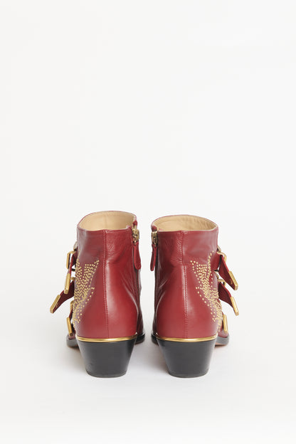 Burgundy Leather Preowned Susanna Studded Ankle Boots