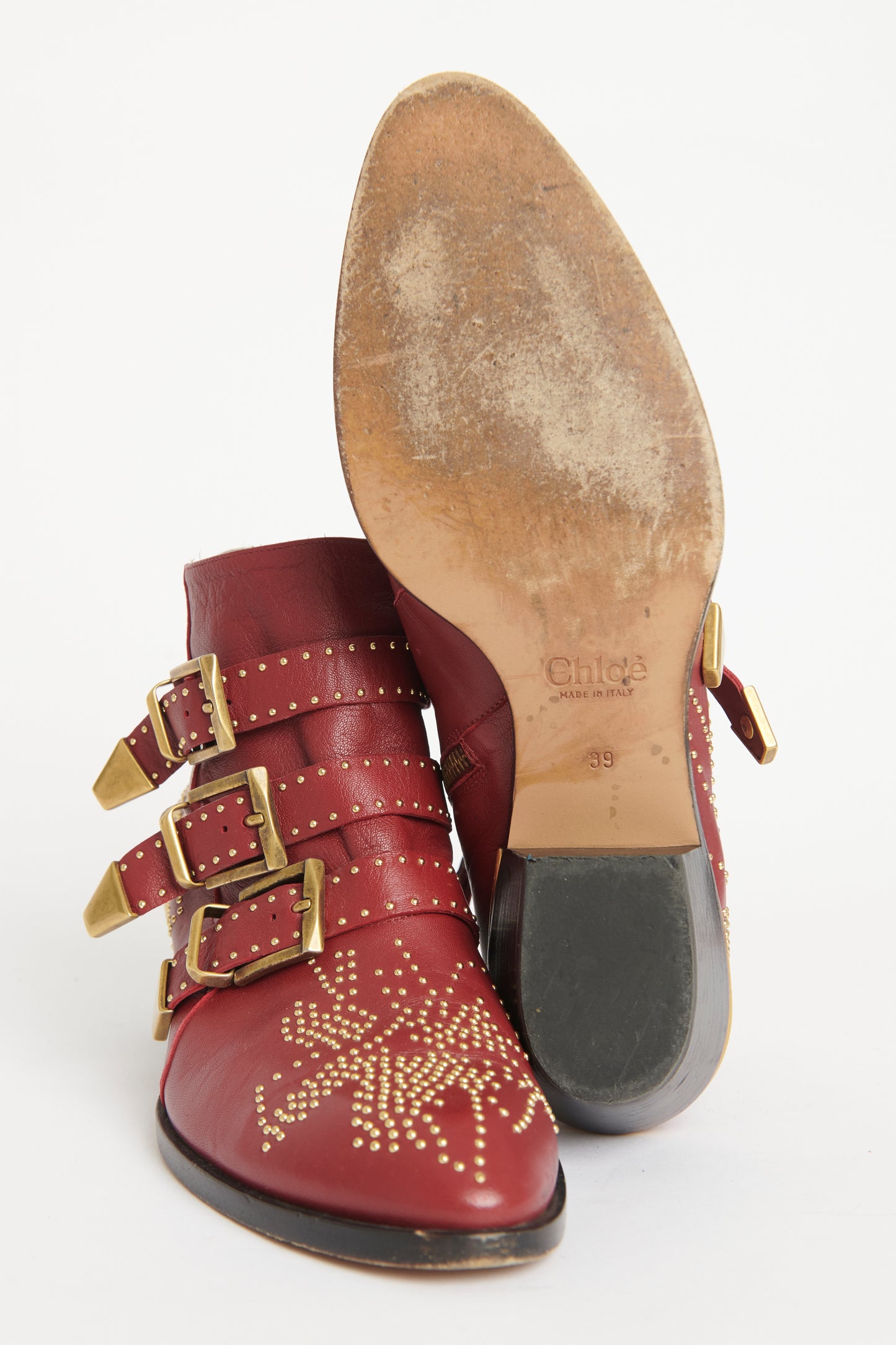 Burgundy Leather Preowned Susanna Studded Ankle Boots