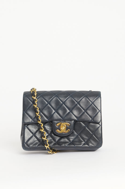1991 Navy Lambskin Preowned Quilted Mini Single Flap Crossbody Bag