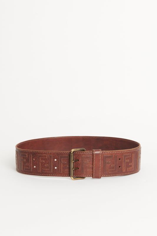 Brown Leather Preowned Embroidered Zucca Wide Belt