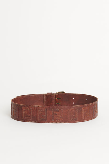 Brown Leather Preowned Embroidered Zucca Wide Belt