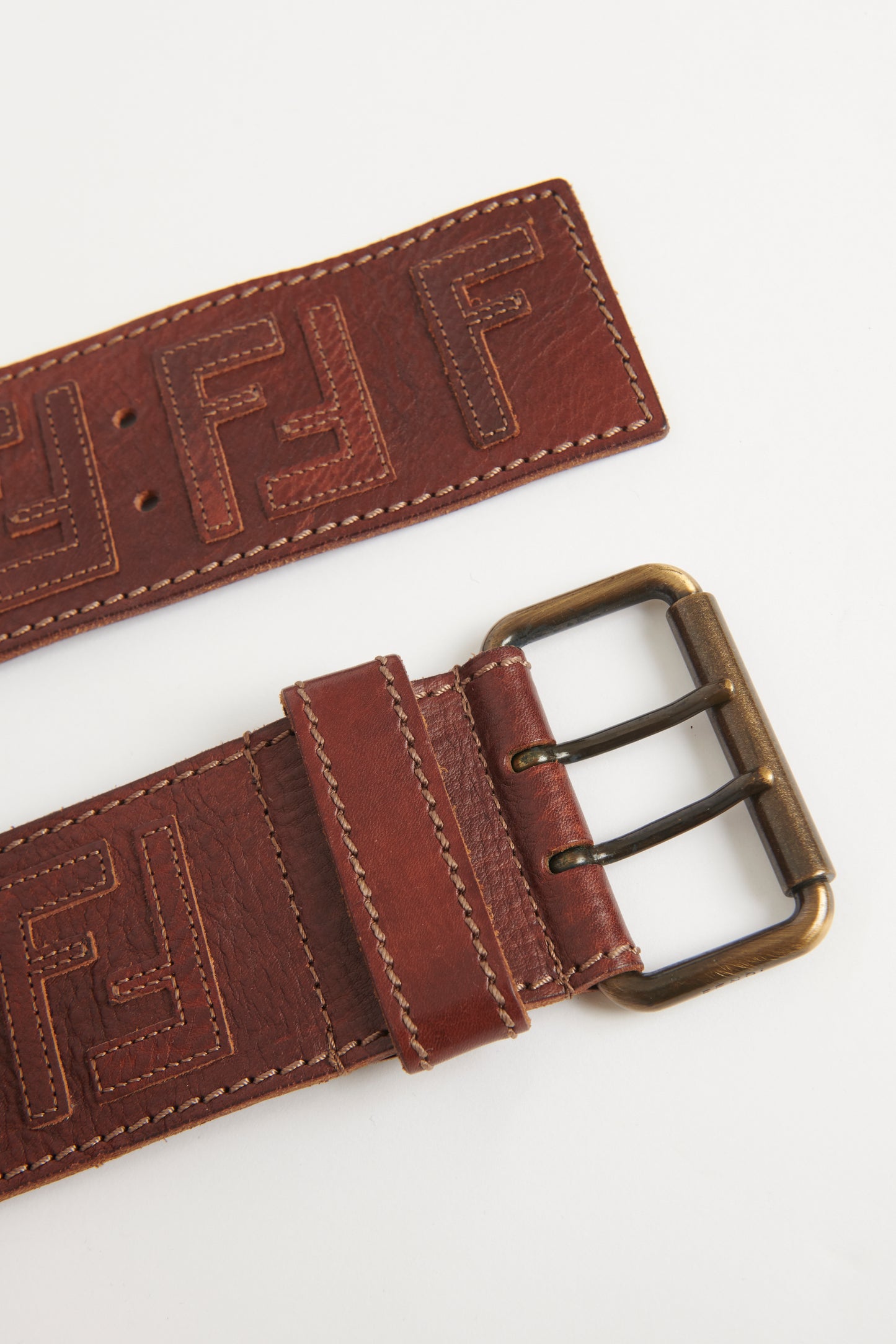 Brown Leather Preowned Embroidered Zucca Wide Belt