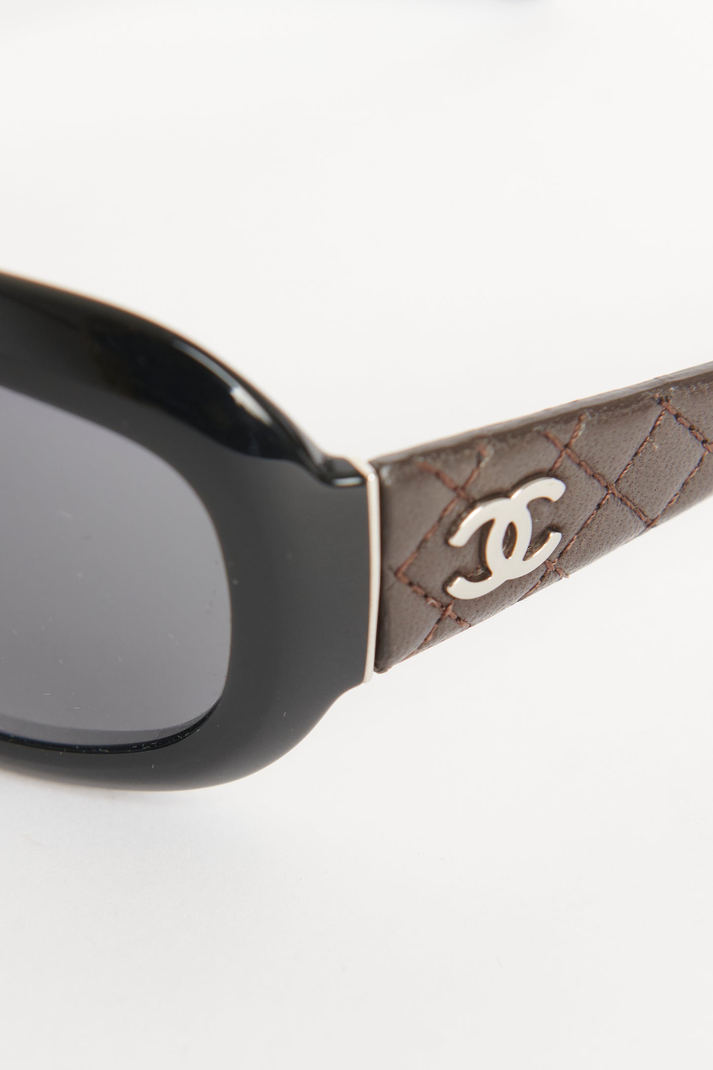Black Acetate Preowned Oval Quilted CC Sunglasses